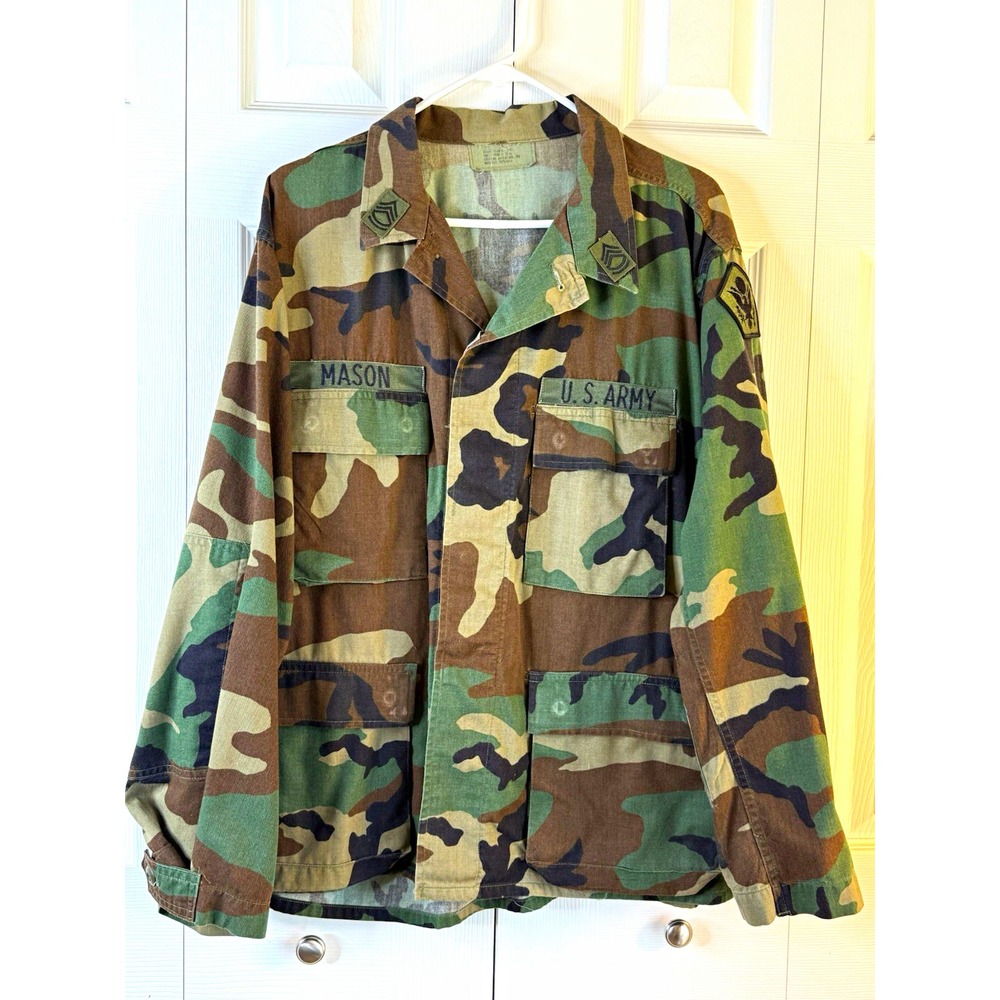 U.S. Army Woodland Camo Shirt Jacket Battle Dress Uniform Mason Vtg Militaria XL